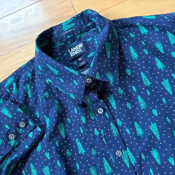 Lands End Christmas Shirt Womens Sz 10 Holiday Long Sleeve Button Up - Picture 1 of 7